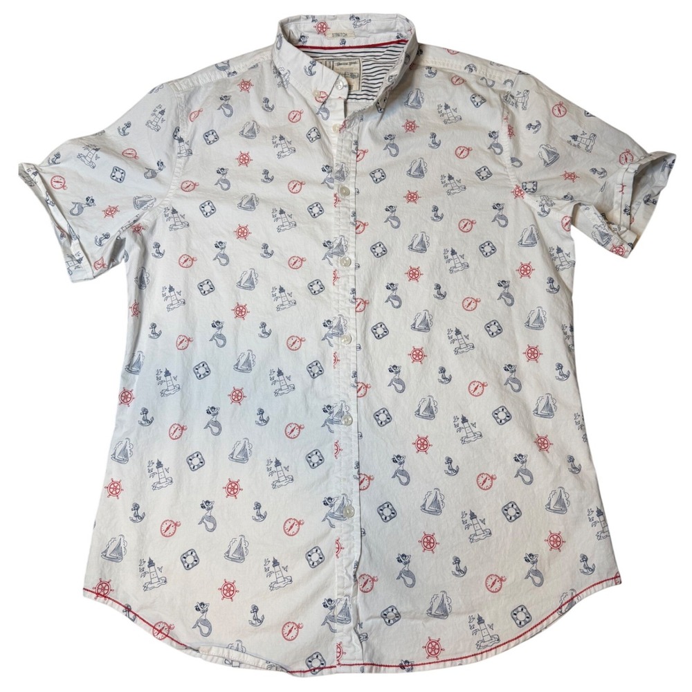 Alexander Julian Mens Nautical‎ Sailor Print Shirt White Short Sleeve Medium